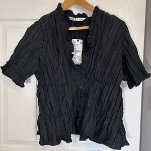 Zara NWT Pleated Black Ruffled Button-Up Blouse- size S